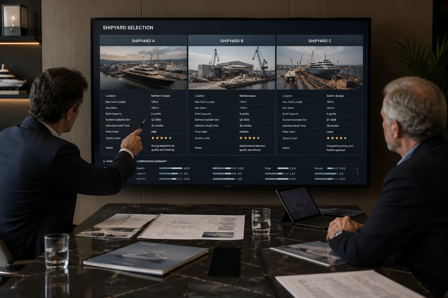 Shipyard selection and contract review for a yacht new build